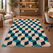 Isometric Cube Pattern area rug in a study with an armchair and bookshelves