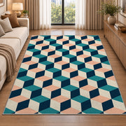 Isometric Cube Pattern area rug in a living room beside a sofa