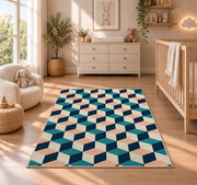 Isometric Cube Pattern area rug in a nursery beside a crib
