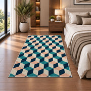 Isometric Cube Pattern area rug in a bedroom beside the bed