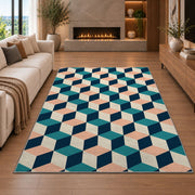 Isometric Cube Pattern area rug in a living room with a fireplace