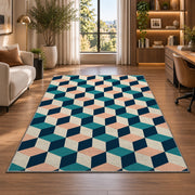Isometric Cube Pattern area rug in a home office beside a desk