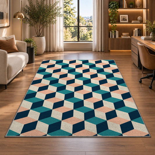 Isometric Cube Pattern area rug in a home office beside a desk