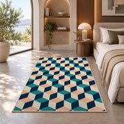Isometric Cube Pattern area rug in a bedroom with an arched window