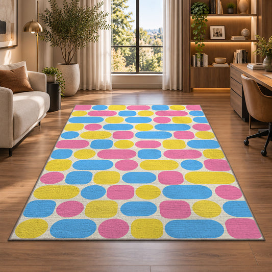 Pastel Pill Pattern area rug in a home office beside a desk