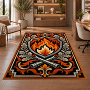 Flame Shield Crest firefighter rug in a study with an armchair and bookshelves