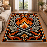 Flame Shield Crest firefighter rug in a living room beside a sofa