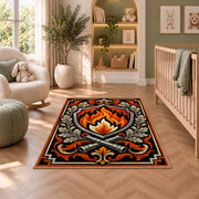 Flame Shield Crest firefighter rug in a nursery with a crib and armchair