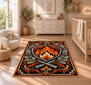 Flame Shield Crest firefighter rug in a nursery beside a crib