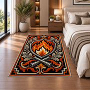 Flame Shield Crest firefighter rug in a bedroom beside the bed