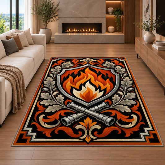 Flame Shield Crest firefighter rug in a living room with a fireplace