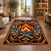 Flame Shield Crest firefighter rug in a home office beside a desk