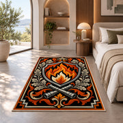Flame Shield Crest firefighter rug in a bedroom with an arched window