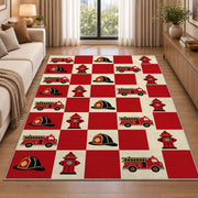 Fire Truck and Hydrant Checkerboard firefighter rug in a living room beside a sofa