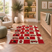 Fire Truck and Hydrant Checkerboard firefighter rug in a nursery with a crib and armchair