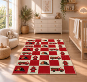 Fire Truck and Hydrant Checkerboard firefighter rug in a nursery beside a crib