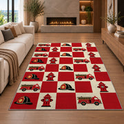 Fire Truck and Hydrant Checkerboard firefighter rug in a living room with a fireplace