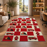 Fire Truck and Hydrant Checkerboard firefighter rug in a home office beside a desk