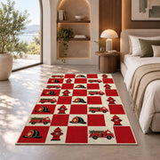 Fire Truck and Hydrant Checkerboard firefighter rug in a bedroom with an arched window