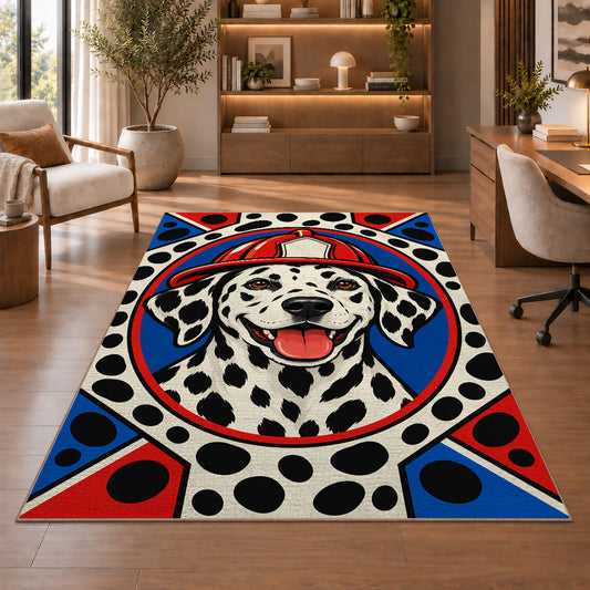 Dalmatian Firefighter Portrait firefighter rug in a study with an armchair and bookshelves