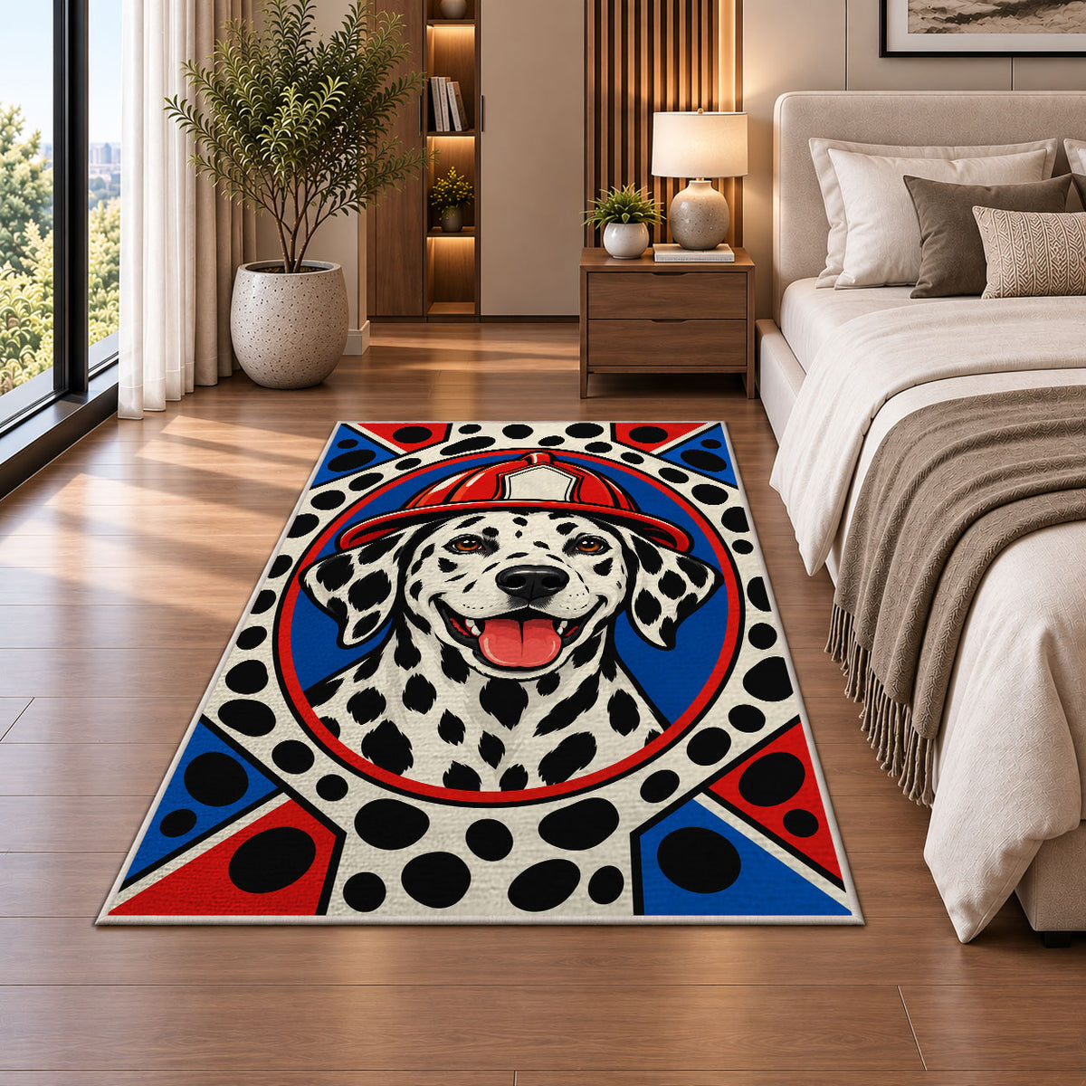Dalmatian Firefighter Portrait firefighter rug in a bedroom beside the bed