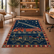 Night Ladder Fire Truck firefighter rug in a study with an armchair and bookshelves