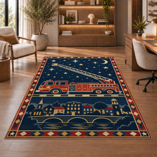 Night Ladder Fire Truck firefighter rug in a study with an armchair and bookshelves