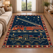 Night Ladder Fire Truck firefighter rug in a living room beside a sofa