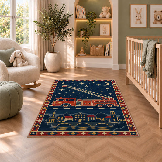 Night Ladder Fire Truck firefighter rug in a nursery with a crib and armchair