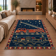 Night Ladder Fire Truck firefighter rug in a living room with a fireplace