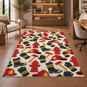 Firefighter Gear Pattern firefighter rug in a study with an armchair and bookshelves