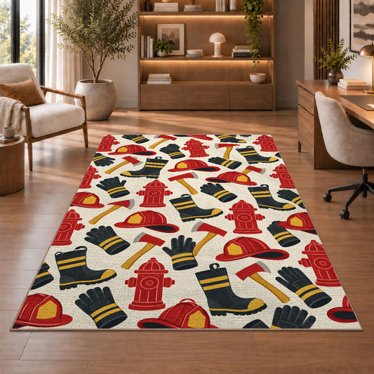 Firefighter Gear Pattern firefighter rug in a study with an armchair and bookshelves