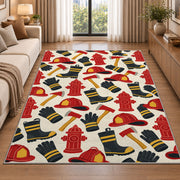 Firefighter Gear Pattern firefighter rug in a living room beside a sofa