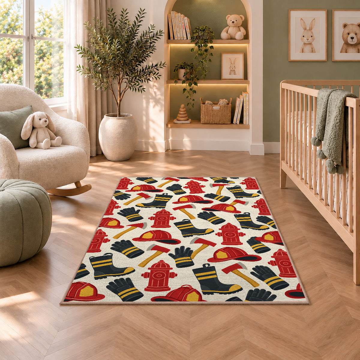 Firefighter Gear Pattern firefighter rug in a nursery with a crib and armchair