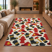 Firefighter Gear Pattern firefighter rug in a living room with a fireplace