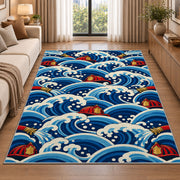Great Wave with Fire Helmets firefighter rug in a living room beside a sofa