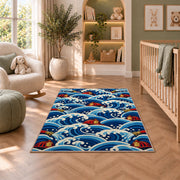 Great Wave with Fire Helmets firefighter rug in a nursery with a crib and armchair
