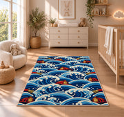 Great Wave with Fire Helmets firefighter rug in a nursery beside a crib