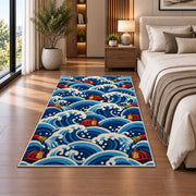 Great Wave with Fire Helmets firefighter rug in a bedroom beside the bed