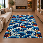 Great Wave with Fire Helmets firefighter rug in a living room with a fireplace