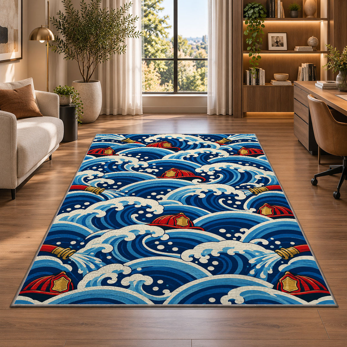 Great Wave with Fire Helmets firefighter rug in a home office beside a desk