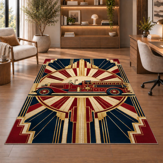 Art Deco Fire Engine firefighter rug in a study with an armchair and bookshelves