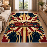 Art Deco Fire Engine firefighter rug in a living room beside a sofa