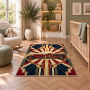 Art Deco Fire Engine firefighter rug in a nursery with a crib and armchair