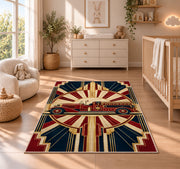 Art Deco Fire Engine firefighter rug in a nursery beside a crib