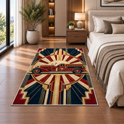 Art Deco Fire Engine firefighter rug in a bedroom beside the bed