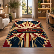 Art Deco Fire Engine firefighter rug in a home office beside a desk