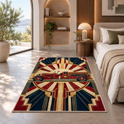 Art Deco Fire Engine firefighter rug in a bedroom with an arched window