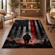 Firefighter Hero in Smoke with Flag firefighter rug in a study with an armchair and bookshelves