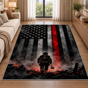 Firefighter Hero in Smoke with Flag firefighter rug in a living room beside a sofa